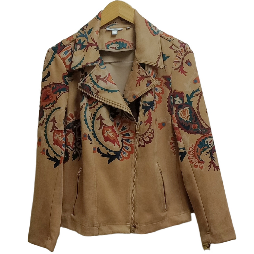 CHICO'S ARTISANAL TAN FAUX SUEDE WOMEN'S JACKET WITH MULTICOLOR PAISLEY DESIGNS